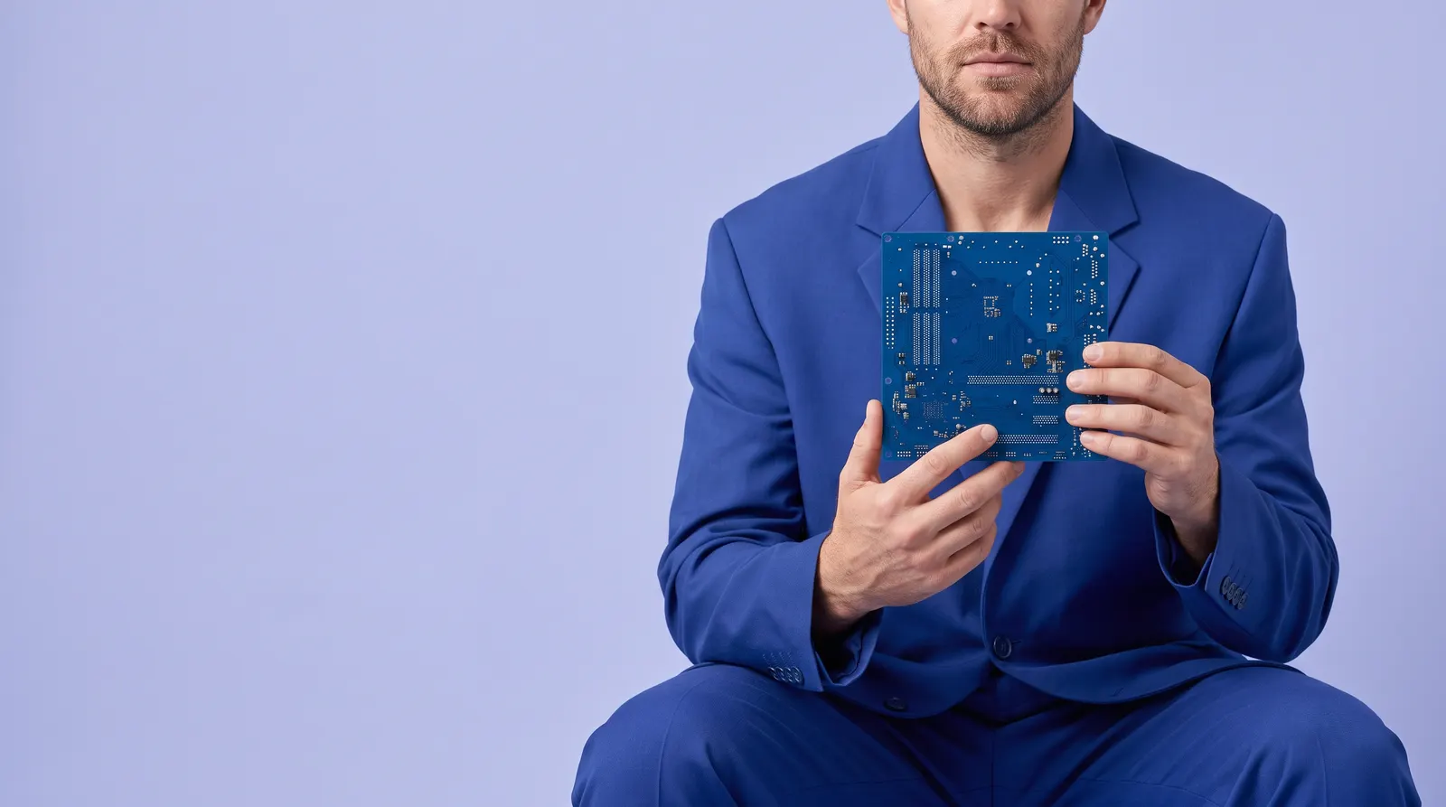 A white South African man in a cobalt blue suit, seated, holding a blue circuit board flat in both hands