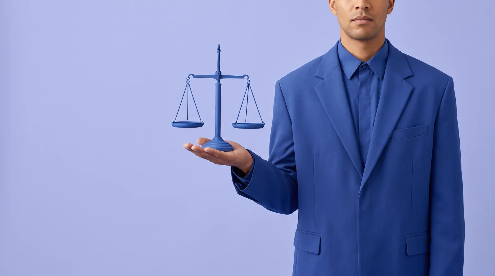 A coloured South African man in a cobalt blue suit, balancing a matte cobalt blue balance scale on one open palm