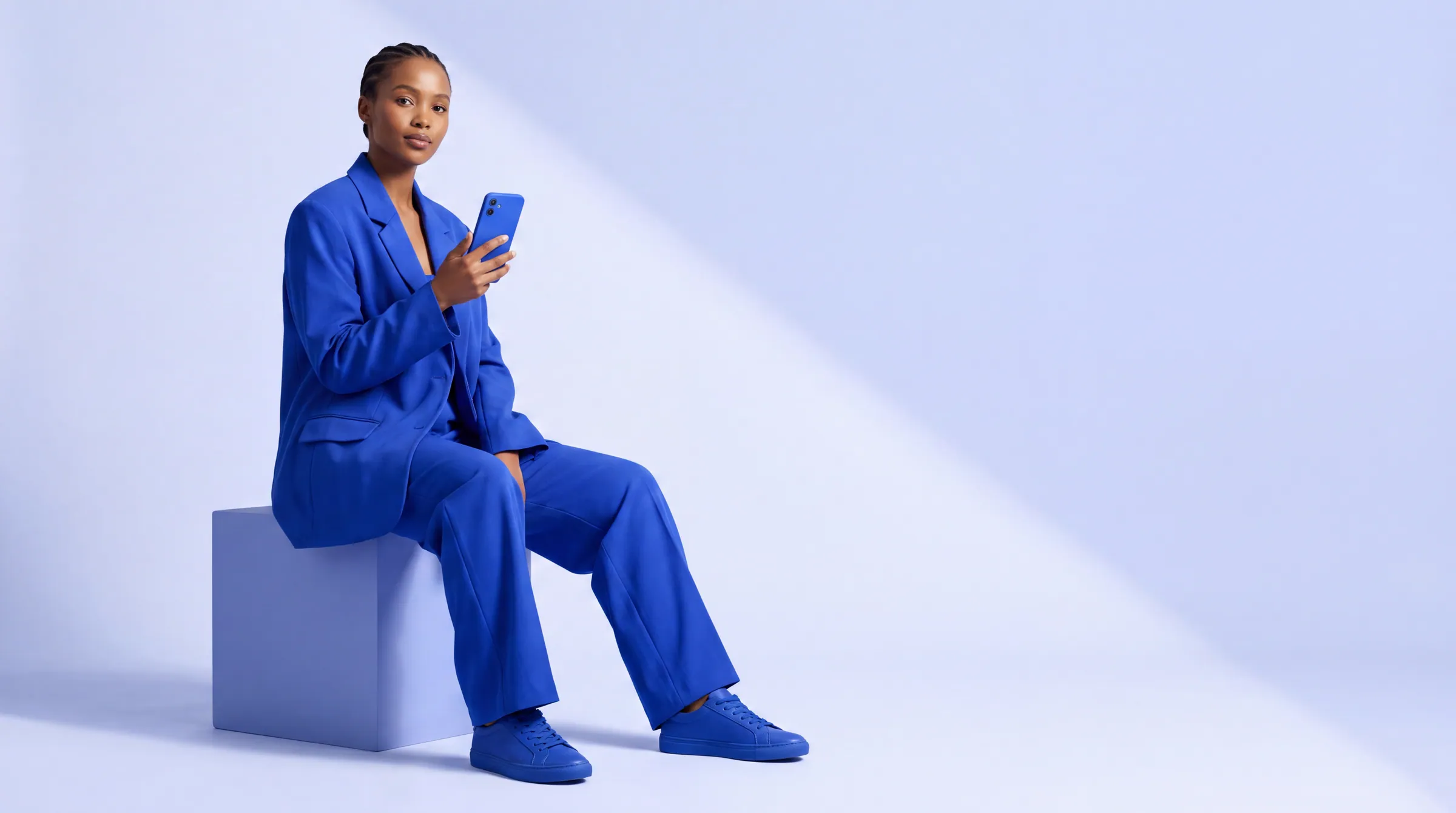 A person in a blue suit seated on a plinth, holding a blue phone.