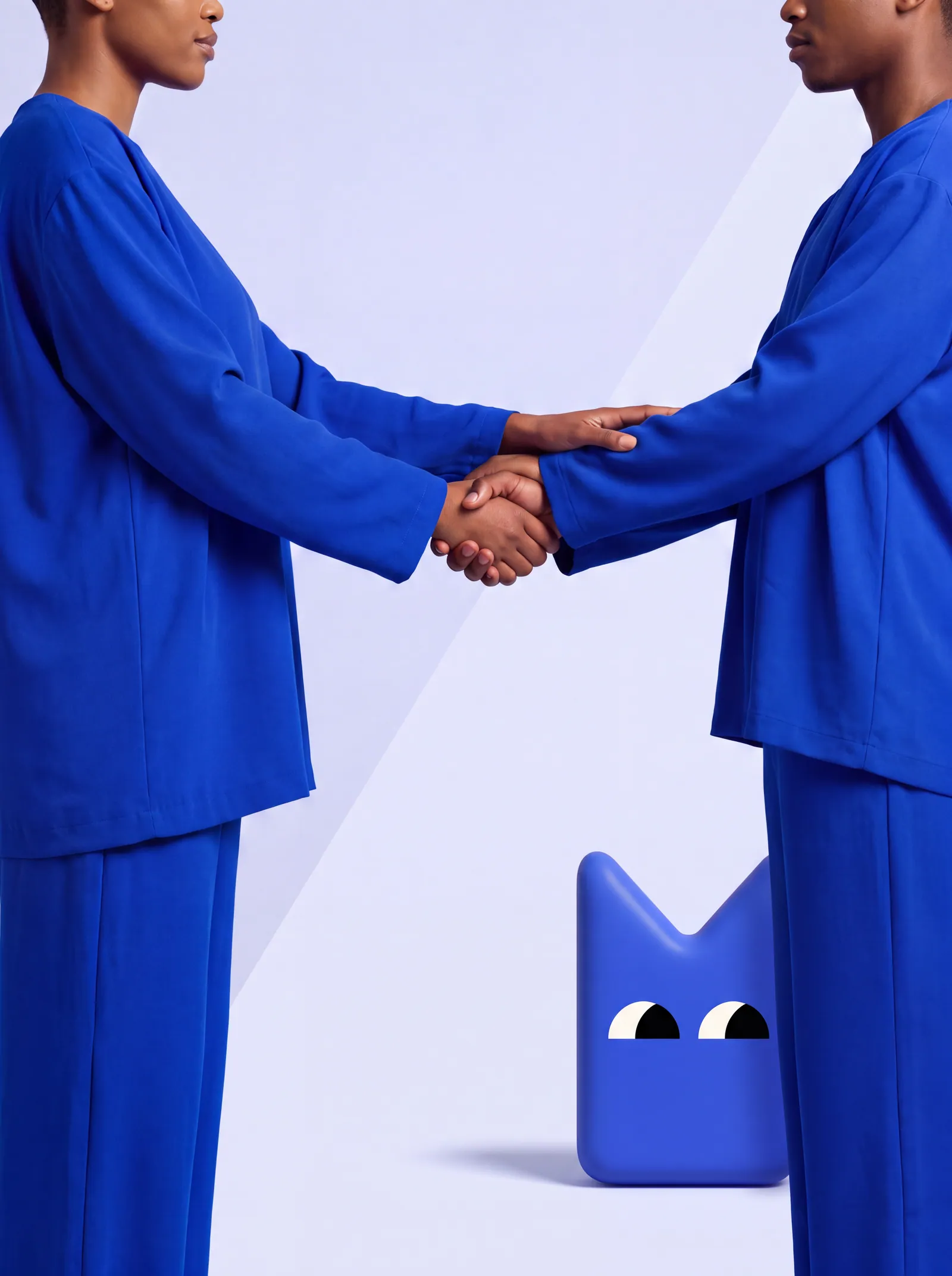 Two people in blue shaking hands, with the Municate mascot standing beside them.